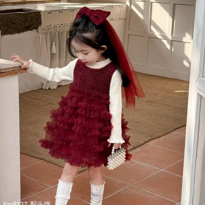 女童连衣裙2024秋冬装新款儿童打底毛衣马甲裙头饰三件套裙子洋气