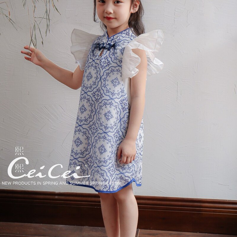汉服旗袍女童2025熙熙夏季新款中国风青花瓷古装古风新中式连衣裙