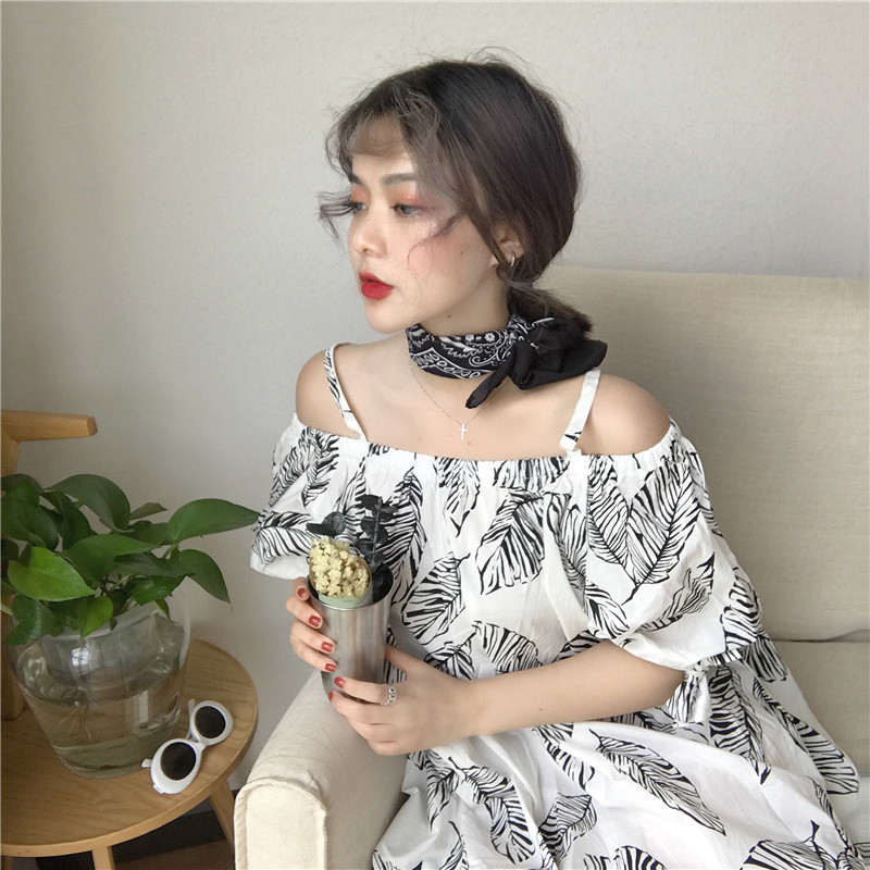 清纯网红同款直播衣服饰美女神主播拍照遮肉肚子半袖一字肩连衣裙
