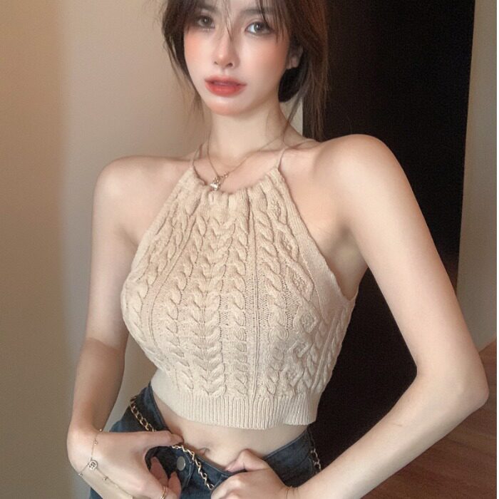 网红直播衣服上镜透气挂脖针织系带露背吊带背心百搭女主播短上衣