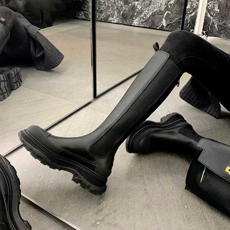 高级感牛皮版真皮显瘦高筒骑士靴女厚底增高小个子不过膝长筒靴子