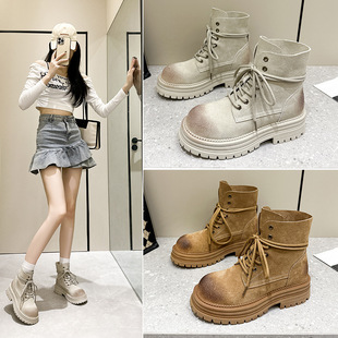 短靴 西部牛仔靴子厚底两穿夏季 马丁靴女2024秋冬新款 棕色复古工装