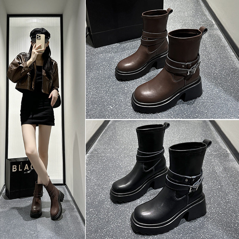 马丁靴女2024新款春秋单靴增高显瘦中筒皮带扣圆头一脚蹬小短靴女