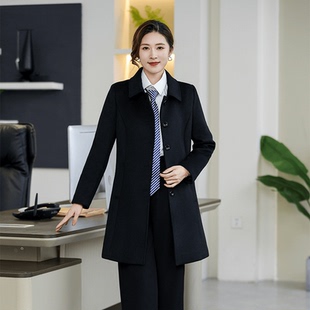 冬季新款黑色中长款羊毛呢大衣工作服外套不掉毛前台银行职业女性