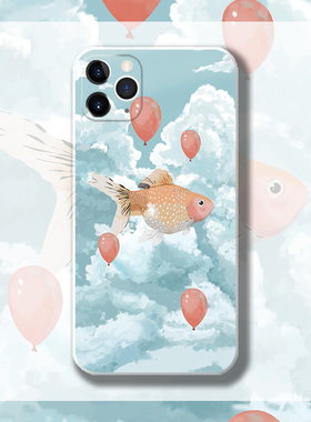 手绘趣味可爱空中金鱼适用于苹果13荣60P50荣耀60三星S21手机壳