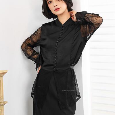 伦敦高定真丝织锦拼蕾丝长袖衬衫