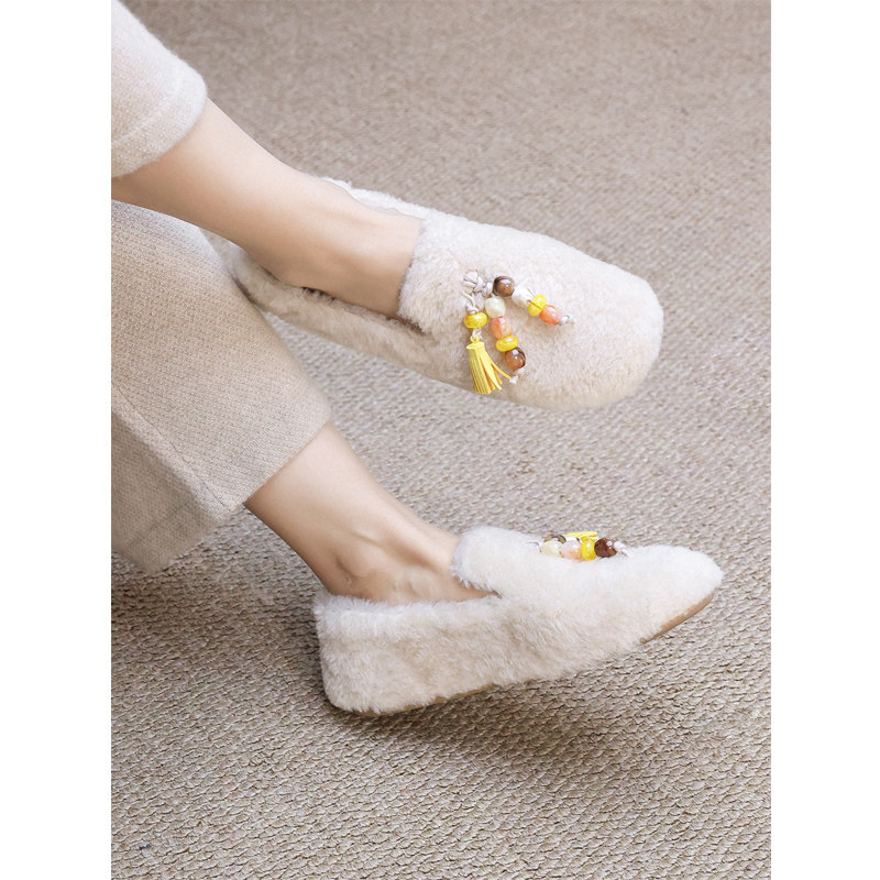 KAKA法单精奢羊羔毛一体串珠流苏深口一脚蹬加绒保暖平底毛毛鞋女,女鞋,棉鞋,淘宝优惠券,粉丝福利购,淘宝优惠卷