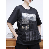 鎏金碎影贴布侧开叉潮款 KAKA巴黎设计师款 精梳棉圆领五分袖 T恤女