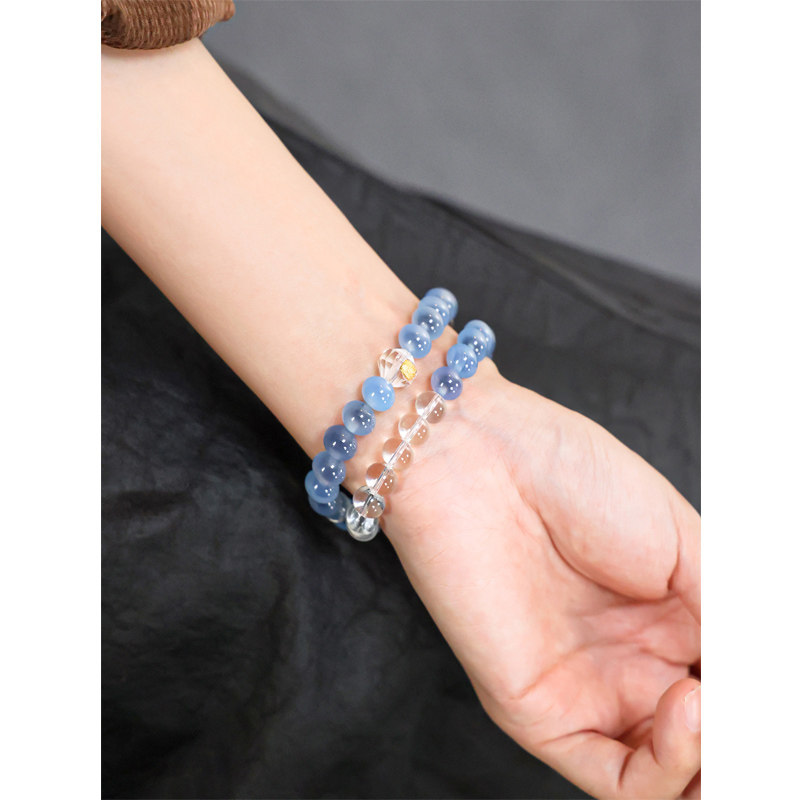 KAKA臻选定制蓝糖心玛瑙白水晶清冷小众高阶感纳福双圈手串手链特