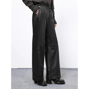 皮裤 KAKA 柔软小羊皮抽绳松紧腰摩登酷飒女神阔腿裤 款 意大利经典