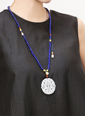 青金石翡翠寿字牌纳福毛衣链项链