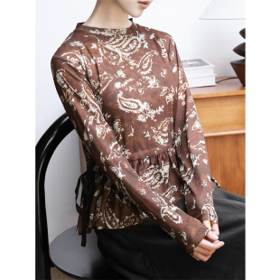 优雅宽松网纱上衣小衫 妃边名媛法式 腰果花圆领长袖 KAKA欧洲客订款