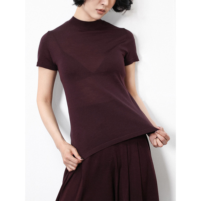 真丝羊毛半高领短袖直筒打底套衫