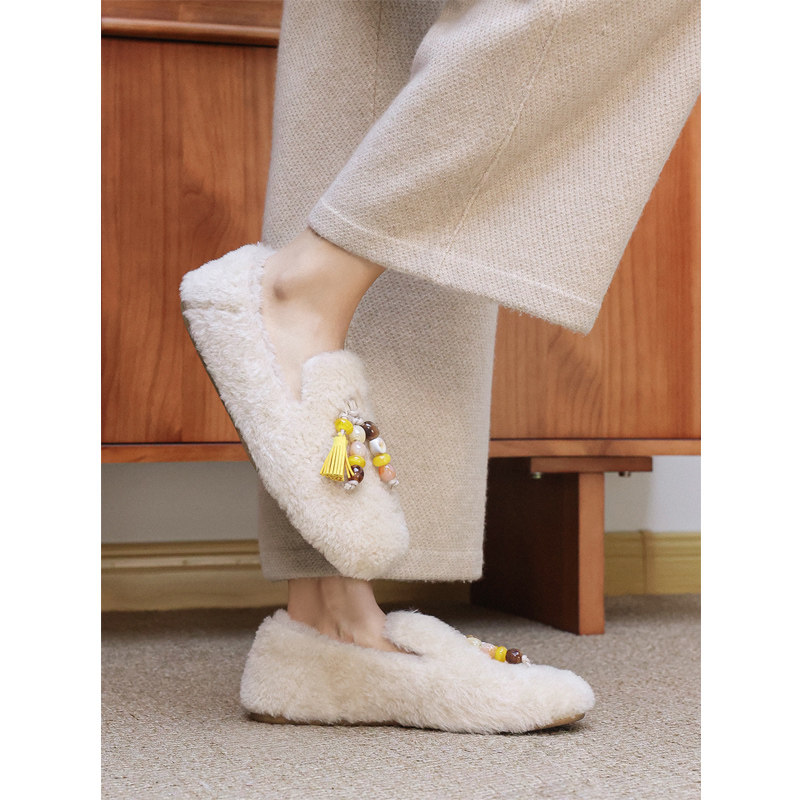 KAKA法单精奢羊羔毛一体串珠流苏深口一脚蹬加绒保暖平底毛毛鞋女,女鞋,棉鞋,淘宝优惠券,粉丝福利购,淘宝优惠卷