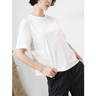 轻国风宽松T恤女 长绒棉拼云水逐光真丝提花圆领翻边袖 KAKA 法单款