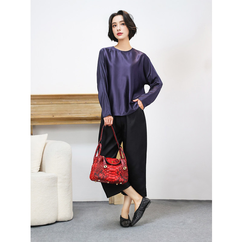 KAKA 巴黎客单高姆米真丝弹力缎圆领长袖优雅通勤宽松衬衫上衣女