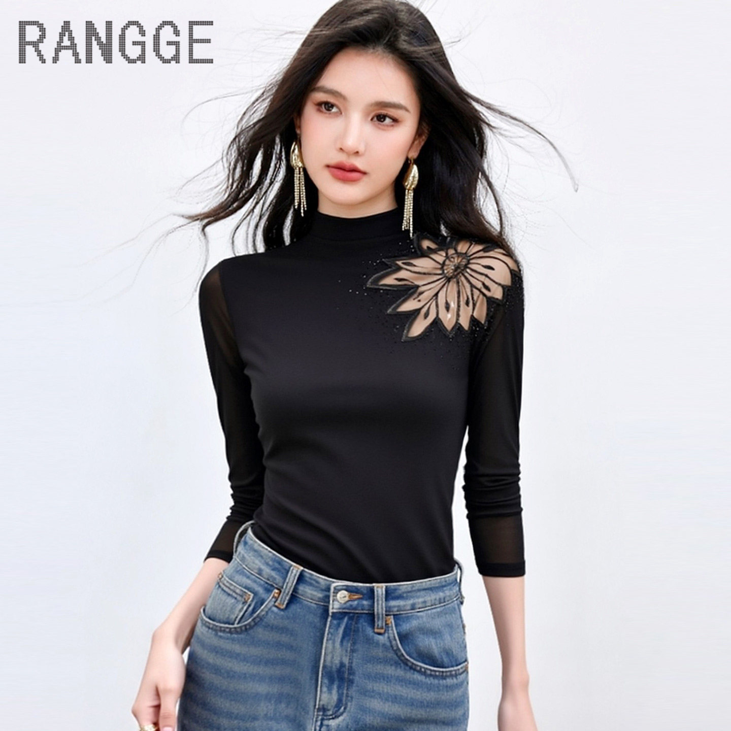 RANGGE半高领网纱长袖T恤女黑色烫钻高弹打底衫气质镂空减龄上衣