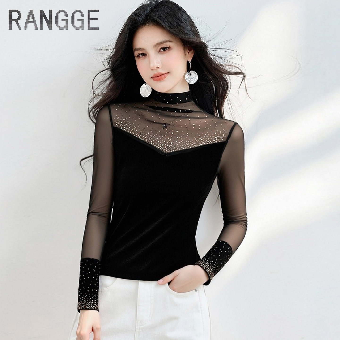 黑色丝绒上衣半高领网纱长袖T恤女烫钻蕾丝拼接透视打底衫高级感