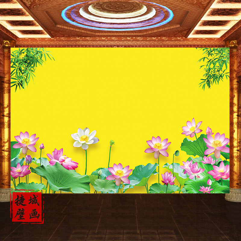 观音背景祥云壁纸客厅竹林荷花壁画壁布墙纸金色墙布佛堂寺庙背景
