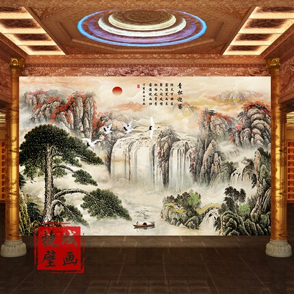迎客松山水墙纸中式客厅风景8D电视背景墙壁纸流水生财墙纸壁画布