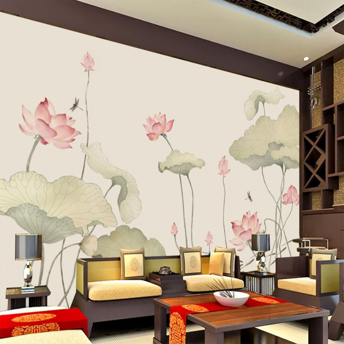 佛系禅意佛手莲花壁纸5D中式荷花养生馆佛堂背景墙纸书房茶室壁纸