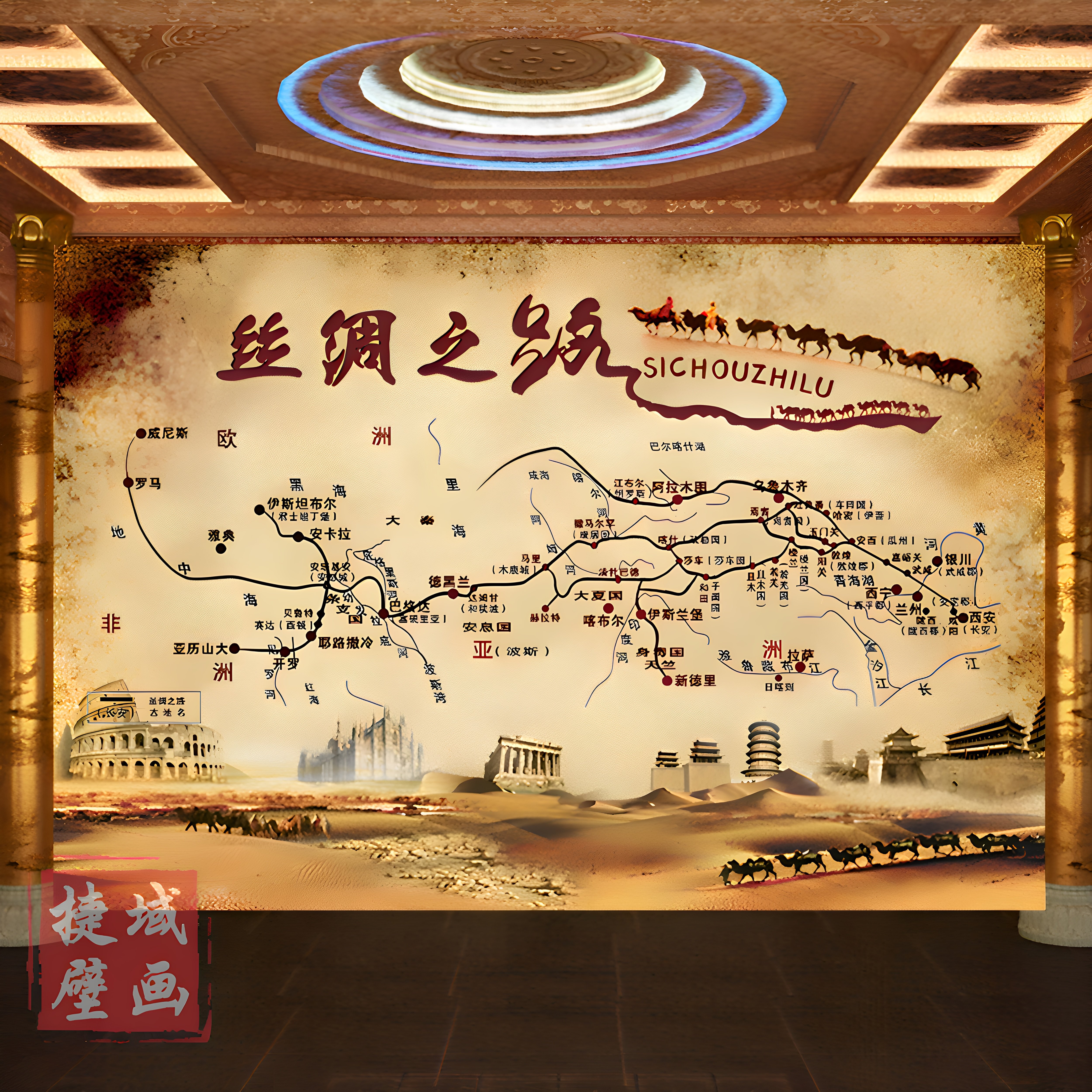 丝绸之路地图沙漠壁画历史古代文化贸易壁纸怀旧路线餐厅背景墙纸