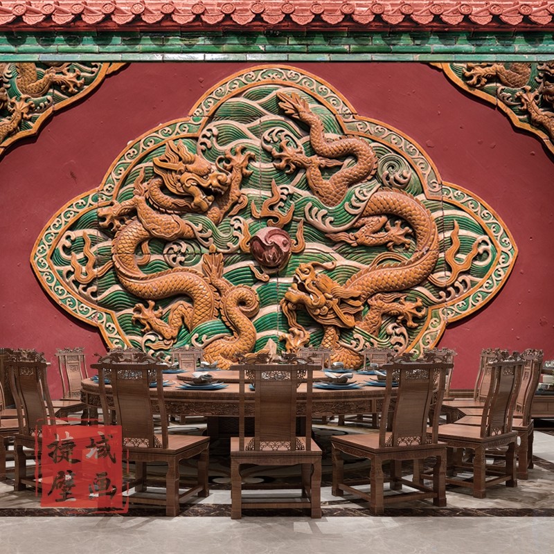 复古皇宫红墙墙纸中国红紫禁城宫墙壁纸餐饮古典建筑故宫壁画定制