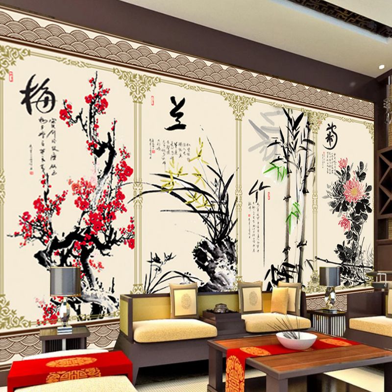 新中式水墨客厅沙发卧室背景墙壁纸书房茶室会所装饰梅兰竹菊壁画