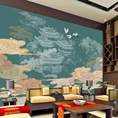 线描浮雕壁画中式 阁楼电视沙发背景墙纸壁布茶室前台定制墙布壁纸