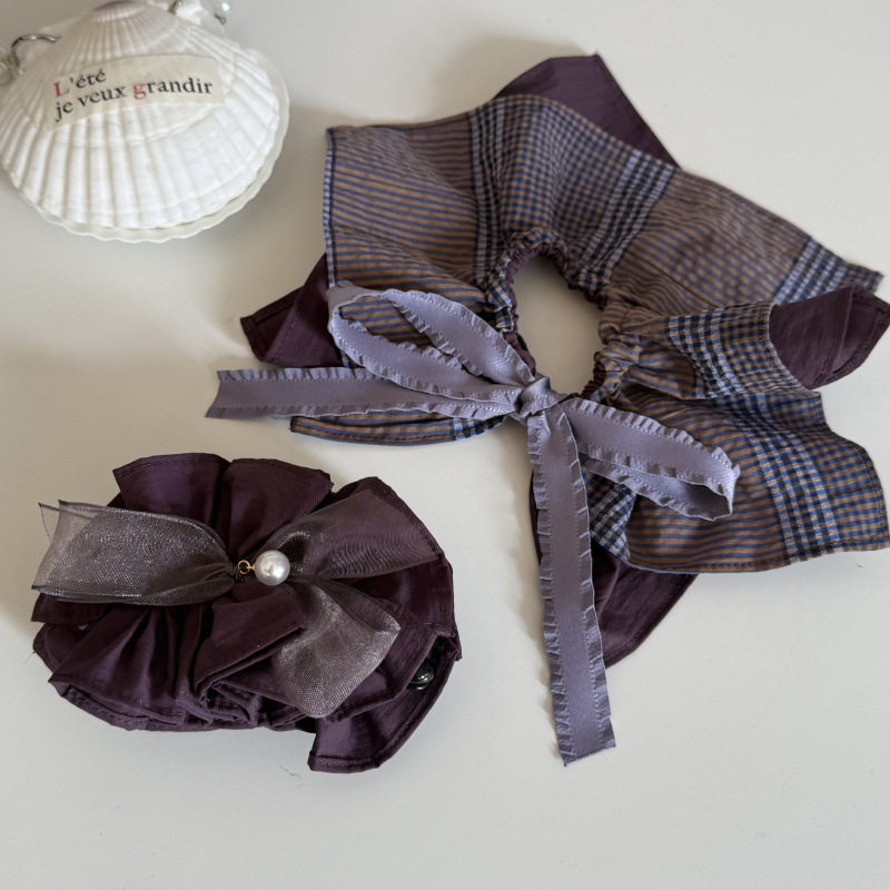 韩系重工拼色蝴蝶结珍珠大肠发圈女高级感丸子头超大号气质发饰头