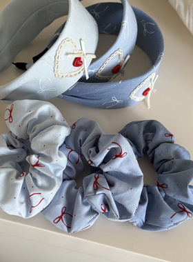 韩国蓝色布艺蕾丝爱心发箍发卡蝴蝶结方巾发圈大肠圈侧边头绳