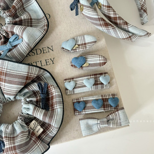 海盐蓝格纹爱心发夹BB夹植绒爱心发圈刘海夹蝴蝶结发箍碎发卡少女