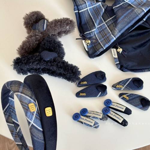 普鲁士蓝色格纹发夹丝绒配件大肠发圈发箍爱心鲨鱼夹发抓发饰发卡