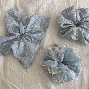 韩国天空蓝刺绣花朵肥肠圈甜美低马尾皮筋发圈超大号方巾珍珠发饰