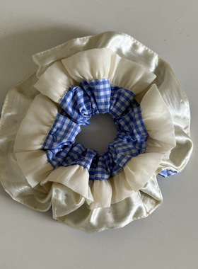 韩国甜美蓝色格子串珠重工大肠发圈宽边发箍女爱心蕾丝方巾珍珠蝴