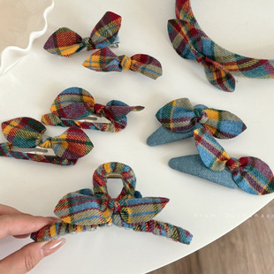 甜美黄蓝格纹发夹复古简约蝴蝶结发卡抓夹发箍侧边刘海夹发饰