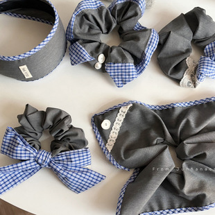 甜美少女复古蓝格纹大号灰色发圈级感蕾丝方巾马尾头绳发箍头箍发