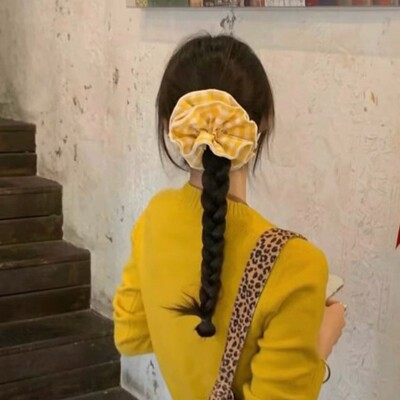 韩系黄色格子四层大肠发圈女感丸子头麻花辫超大简约发饰头绳