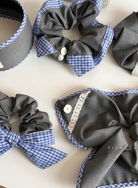 甜美少女复古蓝格纹大号灰色发圈级感蕾丝方巾马尾头绳发箍头箍发