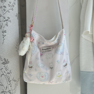 博主手作风格 可爱小狗小猫帆布包通勤质感撞色小布包女包纯棉面料