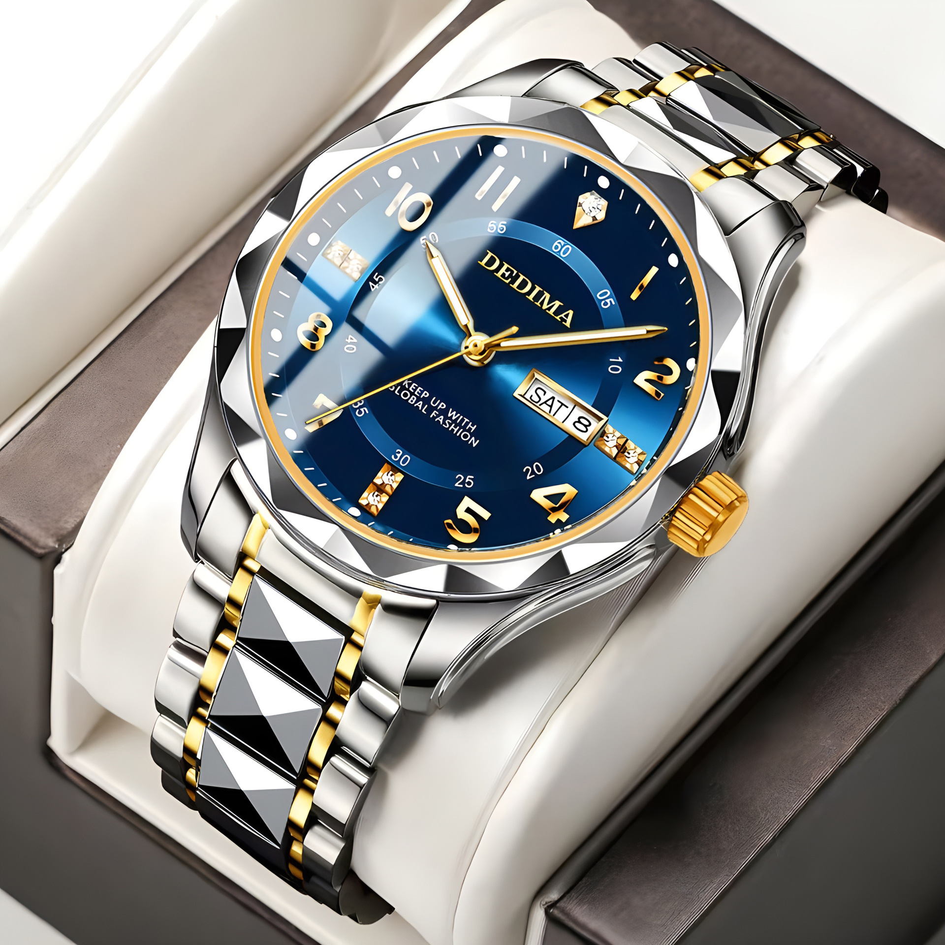 正品潮流男士钢带双日历手表镶钻防水夜光菱形腕表跨境大表盘手表