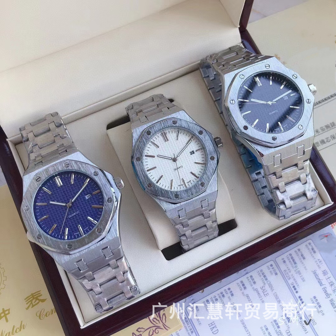 微商代发爱家三眼六针多功能圆盘石英钢带男款手表跨境货源外贸批