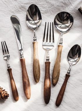 法式轻奢中古vintage原木柄西餐具勺叉 复古意面叉主餐甜品勺牛排