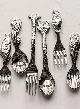 18-10食品级不锈钢复古浮雕动物冰激凌早餐甜品短勺叉ins儿童轻奢