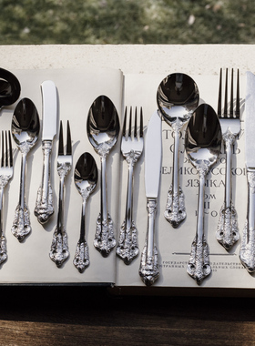 304不锈钢{卢浮宫系列/亮银}法式复古浮雕西餐具甜品叉主餐勺叉