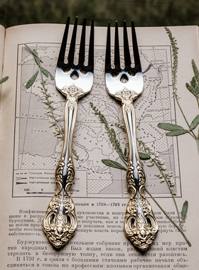 18/10不锈钢法式复古巴洛克浮雕镀金甜品叉/出口大牌原单/限量版