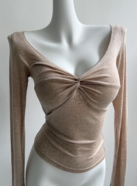 sexy撩人呀~纯欲风薄款纽结显身材长袖T恤上衣早春新款内搭打底衫