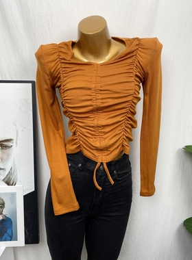 chao好看！韩国秋冬复古加厚磨毛V领抽褶长袖T恤短款打底衫女ins