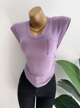 chao显白~纯欲V领短袖T恤女收腰褶皱显瘦上衣短款打底衫纯色内搭