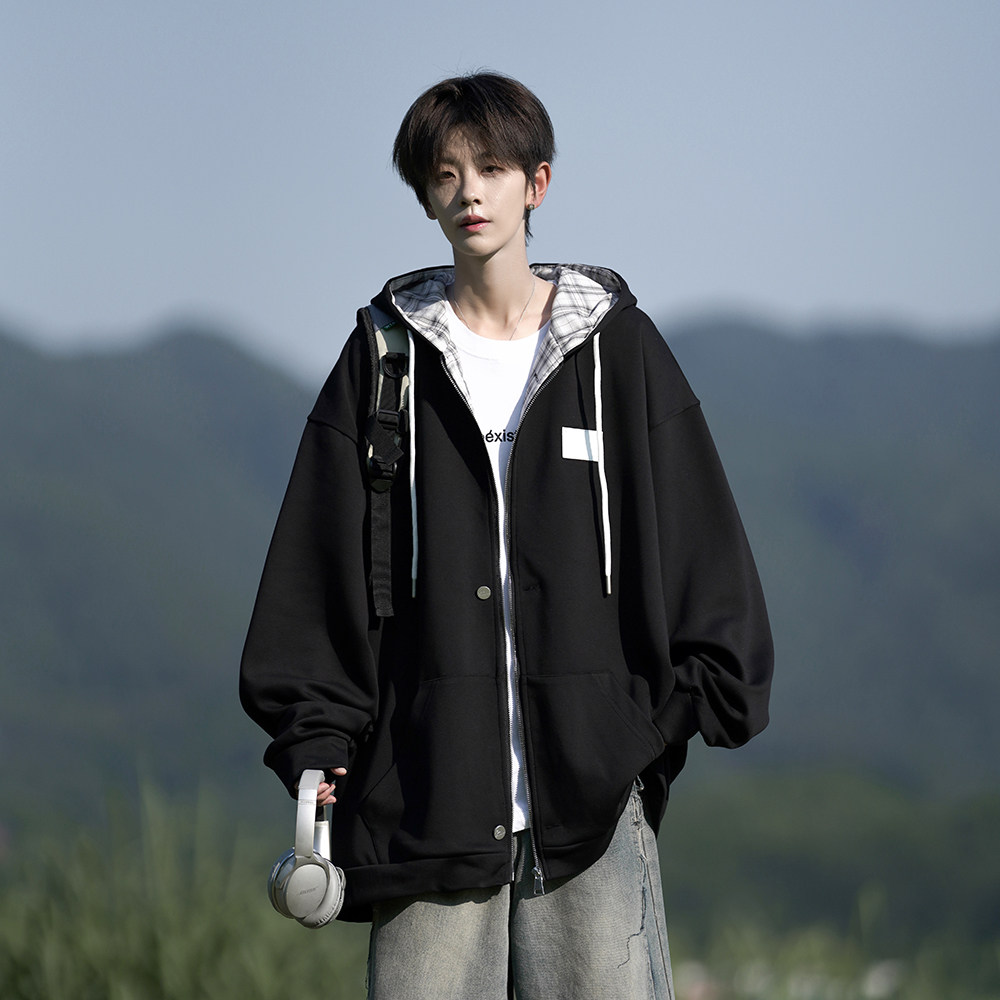 日系重磅开衫连帽卫衣男秋季潮流宽松大码休闲外套青少年运动上衣,男装卫衣,电商A031